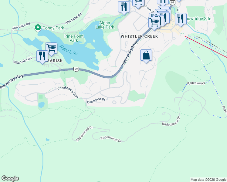 map of restaurants, bars, coffee shops, grocery stores, and more near 2315 Cheakamus Way in Whistler