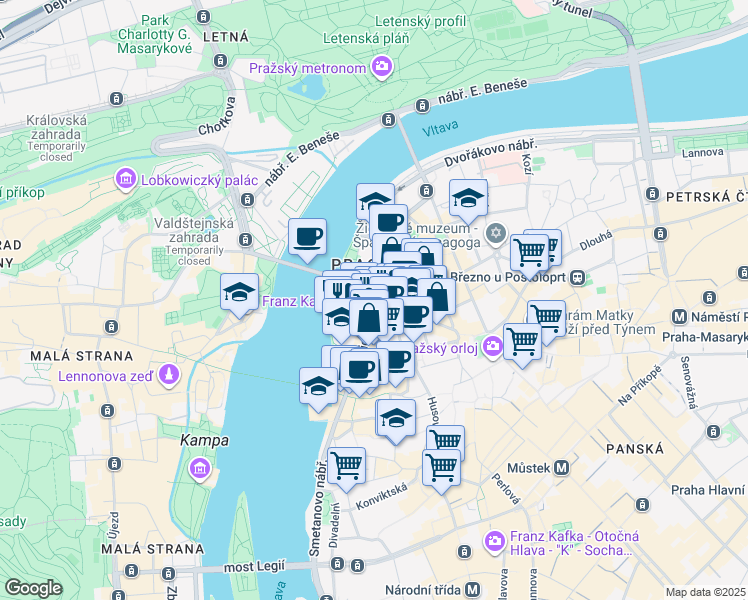 map of restaurants, bars, coffee shops, grocery stores, and more near in Hlavní město Praha
