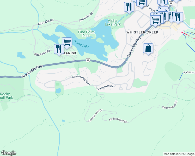 map of restaurants, bars, coffee shops, grocery stores, and more near 2134 Timber Ridge in Whistler
