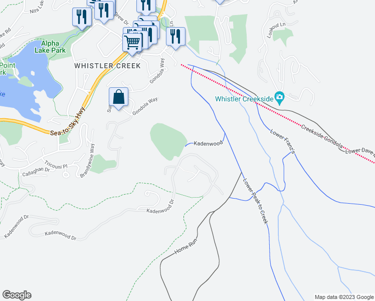 map of restaurants, bars, coffee shops, grocery stores, and more near 2925 Kadenwood Drive in Whistler