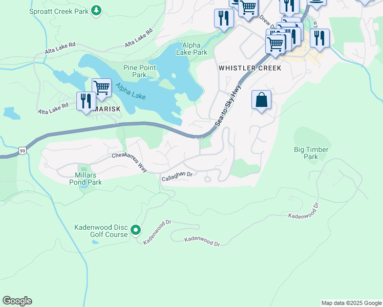 map of restaurants, bars, coffee shops, grocery stores, and more near 2327 Cheakamus Way in Whistler