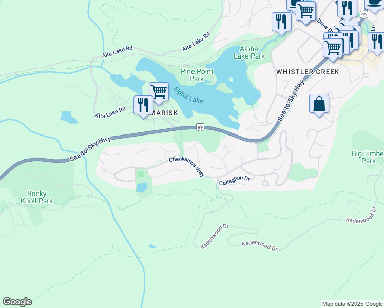 map of restaurants, bars, coffee shops, grocery stores, and more near 2704 Cheakamus Way in Whistler