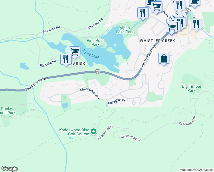 map of restaurants, bars, coffee shops, grocery stores, and more near 2148 Timber Ridge in Whistler