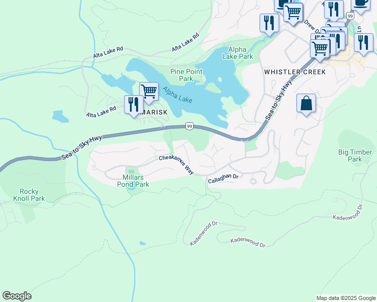 map of restaurants, bars, coffee shops, grocery stores, and more near 2704 Cheakamus Way in Whistler