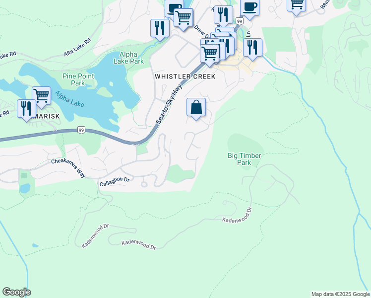 map of restaurants, bars, coffee shops, grocery stores, and more near 2341 Gondola Way in Whistler