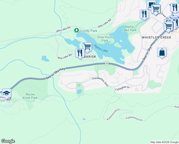 map of restaurants, bars, coffee shops, grocery stores, and more near 2720 Cheakamus Way in Whistler