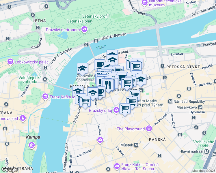 map of restaurants, bars, coffee shops, grocery stores, and more near 125/16 Pařížská in Hlavní město Praha