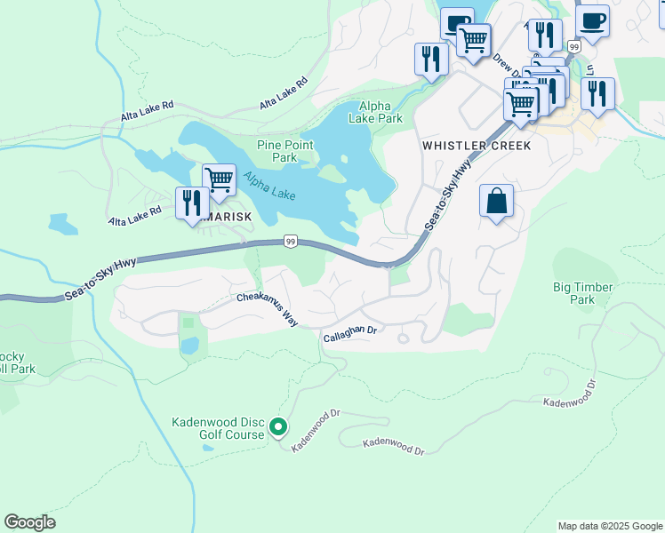 map of restaurants, bars, coffee shops, grocery stores, and more near 2177 Timber Ridge in Whistler