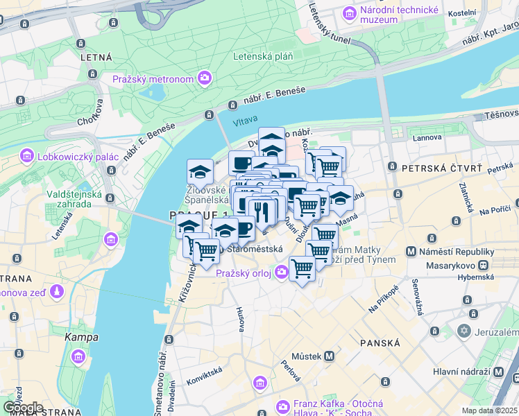 map of restaurants, bars, coffee shops, grocery stores, and more near 20 Pařížská in Hlavní město Praha