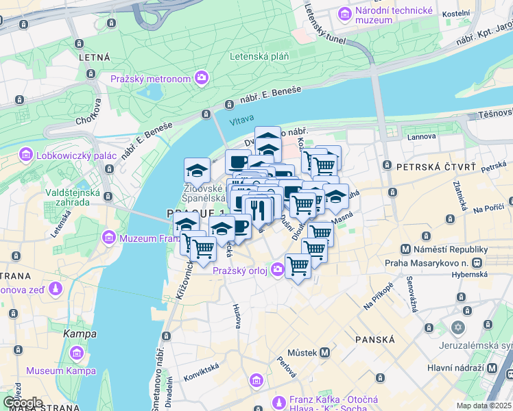 map of restaurants, bars, coffee shops, grocery stores, and more near 20 Pařížská in Hlavní město Praha