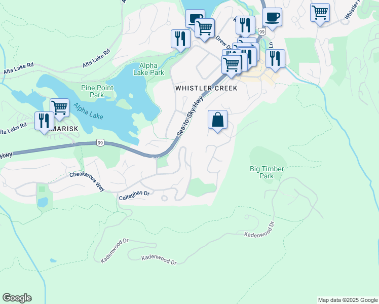 map of restaurants, bars, coffee shops, grocery stores, and more near 2318 Cayley Close in Whistler