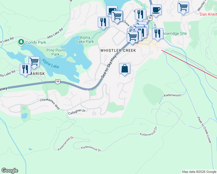 map of restaurants, bars, coffee shops, grocery stores, and more near 2318 Cayley Close in Whistler
