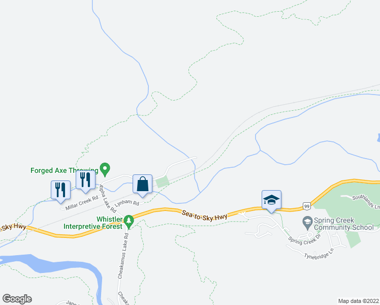 map of restaurants, bars, coffee shops, grocery stores, and more near 1390 Alpha Lake Road in Whistler