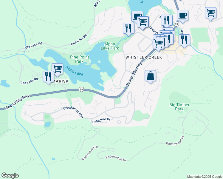 map of restaurants, bars, coffee shops, grocery stores, and more near 2008 Alpha Lake Village in Whistler