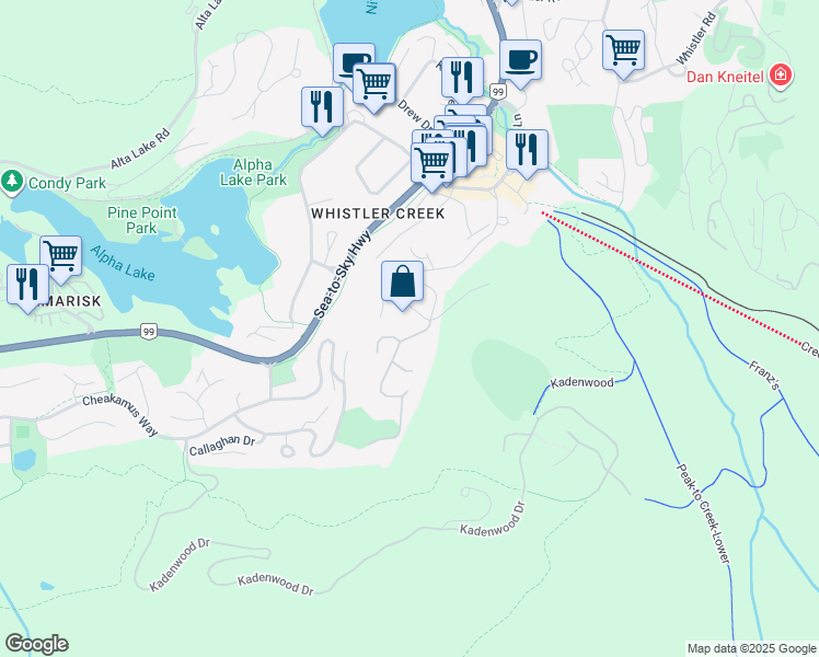 map of restaurants, bars, coffee shops, grocery stores, and more near 2315 Gondola Way in Whistler