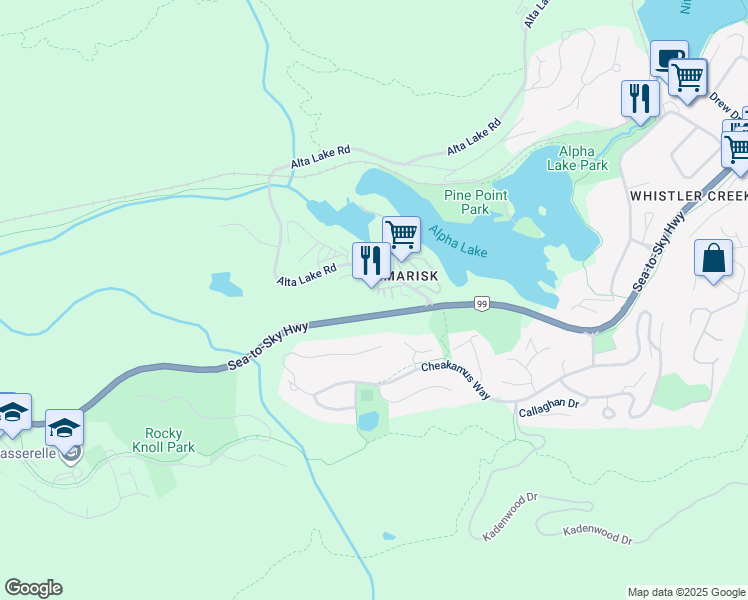 map of restaurants, bars, coffee shops, grocery stores, and more near 1200 Alta Lake Road in Whistler