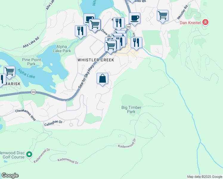 map of restaurants, bars, coffee shops, grocery stores, and more near 2240 Gondola Way in Whistler
