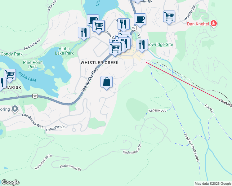 map of restaurants, bars, coffee shops, grocery stores, and more near 2240 Gondola Way in Whistler