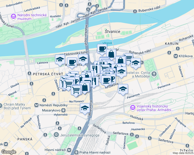 map of restaurants, bars, coffee shops, grocery stores, and more near 3 Sokolovská in Prague