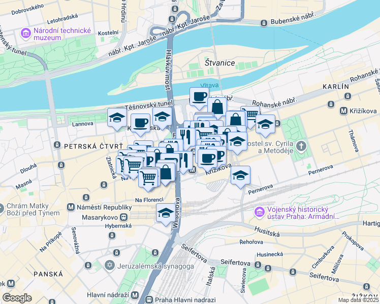 map of restaurants, bars, coffee shops, grocery stores, and more near 3 Sokolovská in Prague