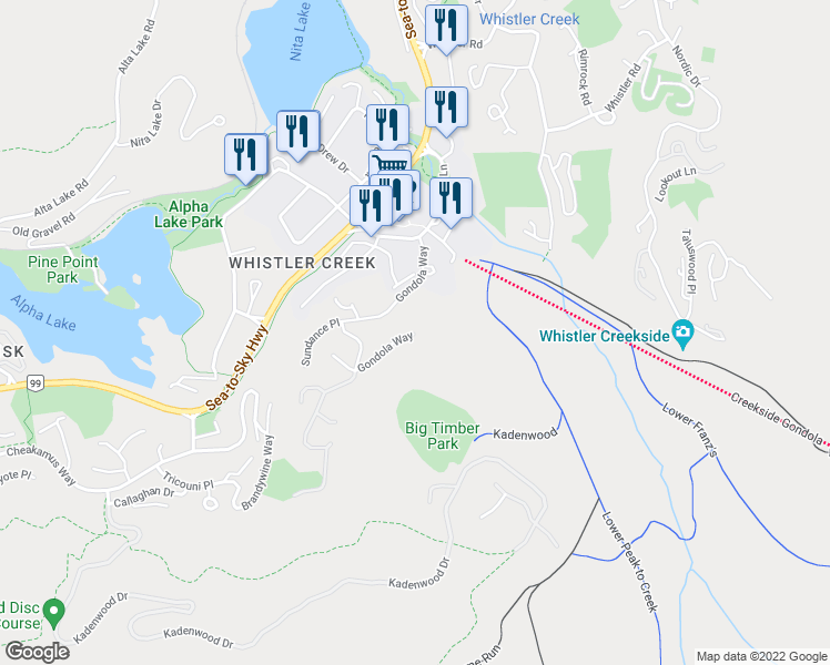 map of restaurants, bars, coffee shops, grocery stores, and more near 2240 Gondola Way in Whistler