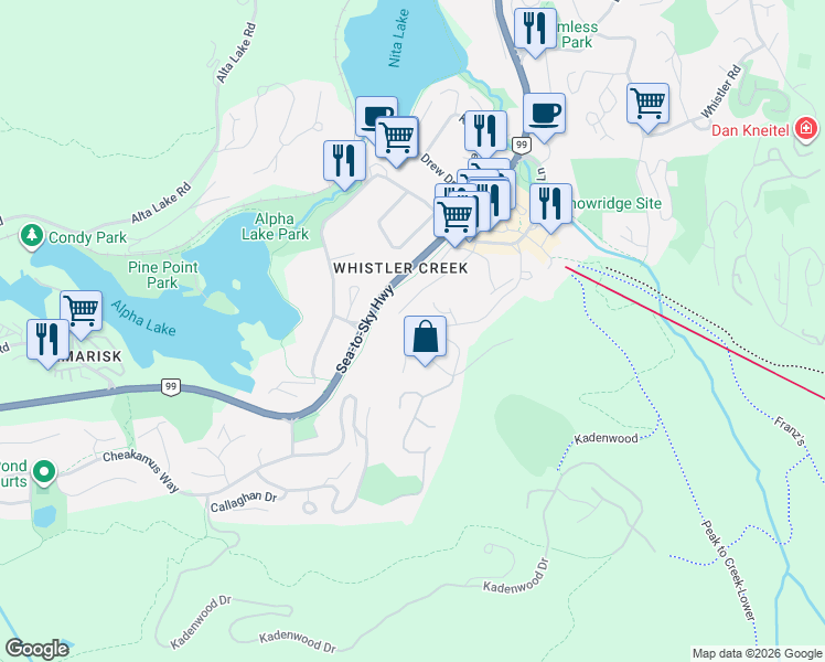 map of restaurants, bars, coffee shops, grocery stores, and more near 2221 Gondola Way in Whistler