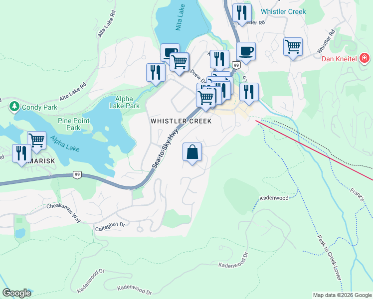 map of restaurants, bars, coffee shops, grocery stores, and more near 2221 Gondola Way in Whistler
