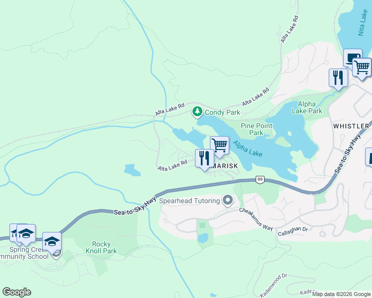 map of restaurants, bars, coffee shops, grocery stores, and more near 1400 Alta Lake Road in Whistler
