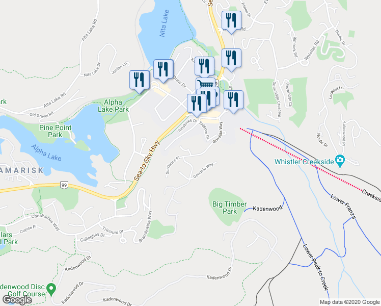 map of restaurants, bars, coffee shops, grocery stores, and more near 2211 Gondola Way in Whistler
