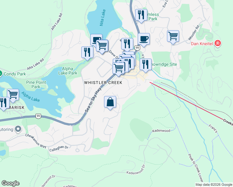 map of restaurants, bars, coffee shops, grocery stores, and more near 2213 Marmot Place in Whistler