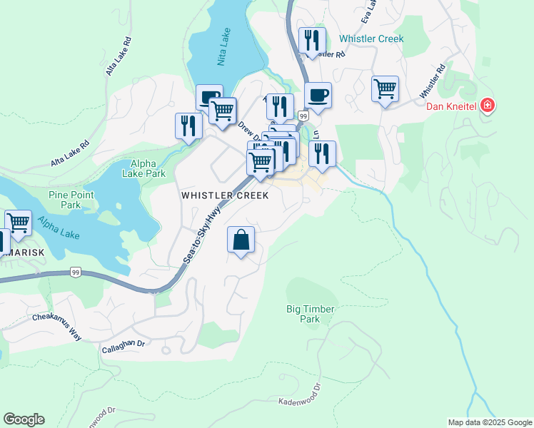 map of restaurants, bars, coffee shops, grocery stores, and more near 2211 Gondola Way in Whistler