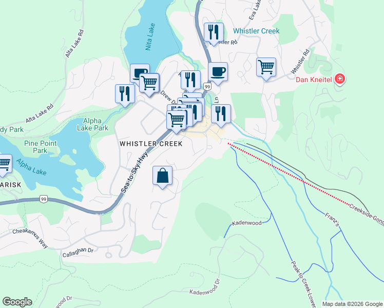 map of restaurants, bars, coffee shops, grocery stores, and more near 2206 Gondola Way in Whistler