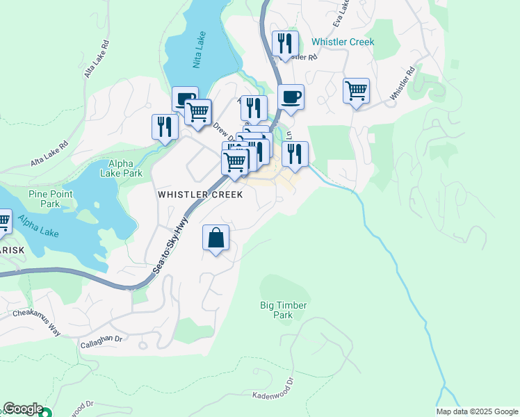 map of restaurants, bars, coffee shops, grocery stores, and more near 2247 Sapporo Drive in Whistler