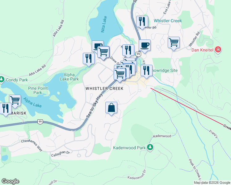 map of restaurants, bars, coffee shops, grocery stores, and more near 2166 Sarajevo Drive in Whistler