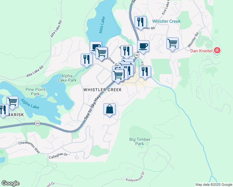 map of restaurants, bars, coffee shops, grocery stores, and more near 2158 Sarajevo Drive in Whistler