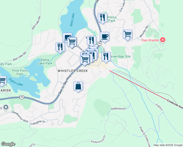map of restaurants, bars, coffee shops, grocery stores, and more near 2231 Sapporo Drive in Whistler