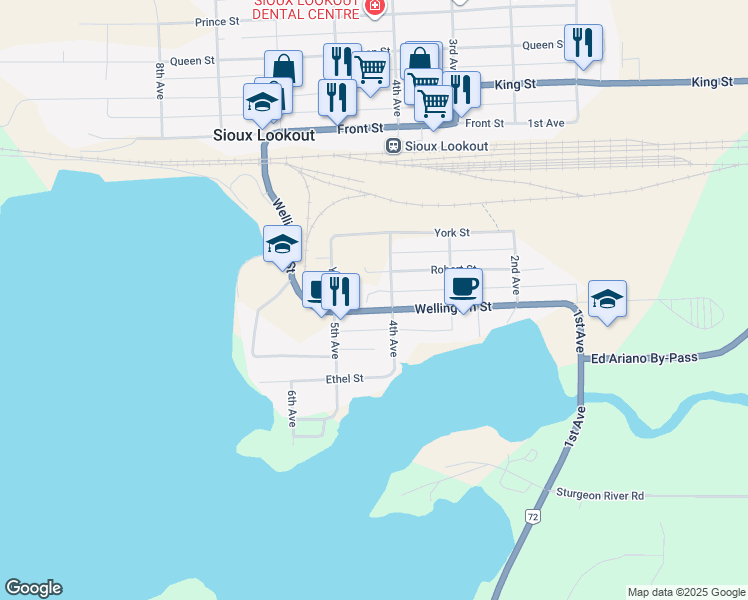 map of restaurants, bars, coffee shops, grocery stores, and more near 58 Wellington Street in Sioux Lookout