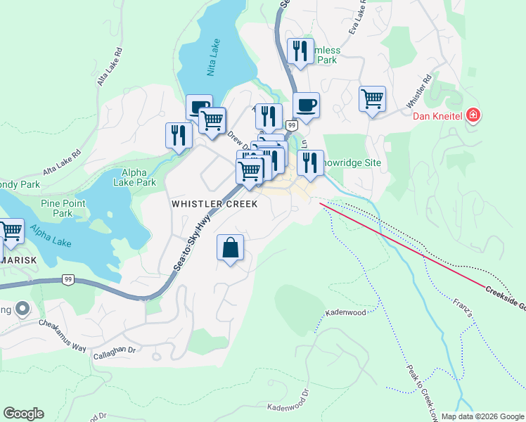 map of restaurants, bars, coffee shops, grocery stores, and more near 2130 Sarajevo Drive in Whistler