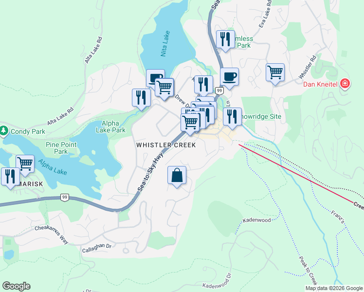 map of restaurants, bars, coffee shops, grocery stores, and more near 2028 Innsbruck Drive in Whistler