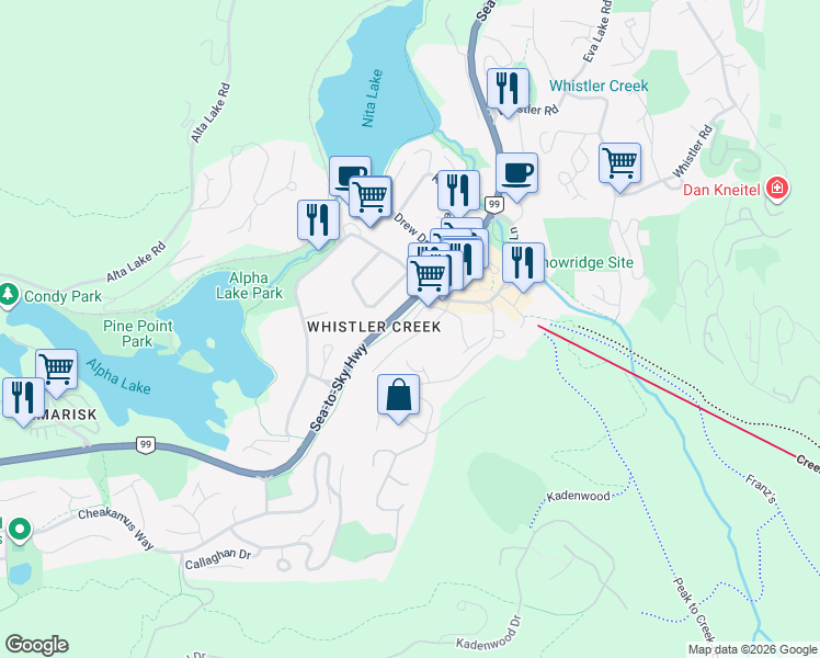 map of restaurants, bars, coffee shops, grocery stores, and more near 2028 Innsbruck Drive in Whistler