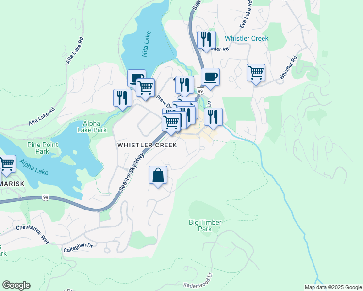 map of restaurants, bars, coffee shops, grocery stores, and more near 2134 Sarajevo Drive in Whistler