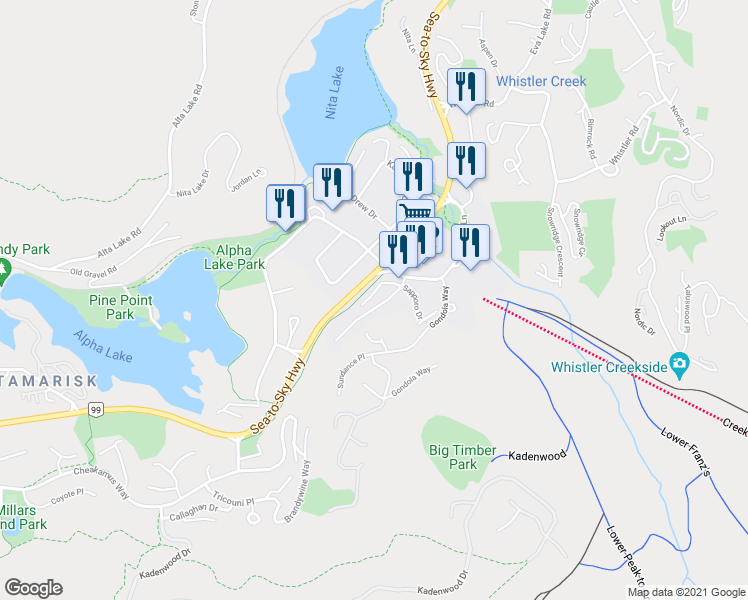 map of restaurants, bars, coffee shops, grocery stores, and more near 2024 Innsbruck Drive in Whistler