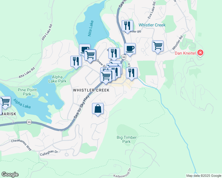 map of restaurants, bars, coffee shops, grocery stores, and more near 1-2126 Sarajevo Drive in Whistler