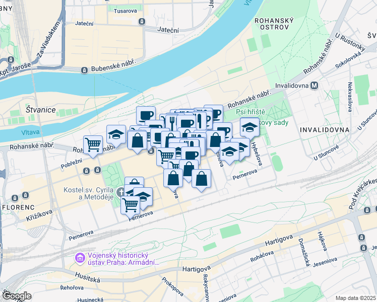 map of restaurants, bars, coffee shops, grocery stores, and more near in Prague