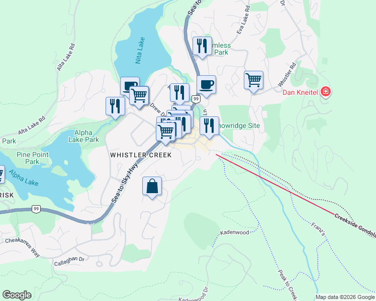 map of restaurants, bars, coffee shops, grocery stores, and more near 2050 Lake Placid Road in Whistler