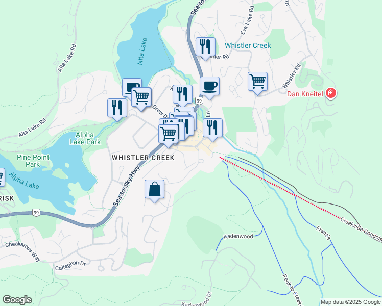 map of restaurants, bars, coffee shops, grocery stores, and more near 2050 Lake Placid Road in Whistler