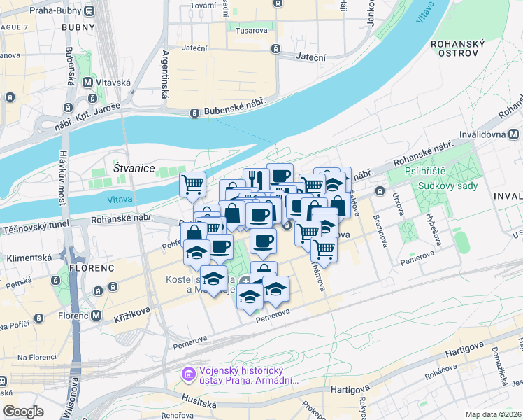 map of restaurants, bars, coffee shops, grocery stores, and more near 10,693 Rohanské nábřeží in Hlavní město Praha