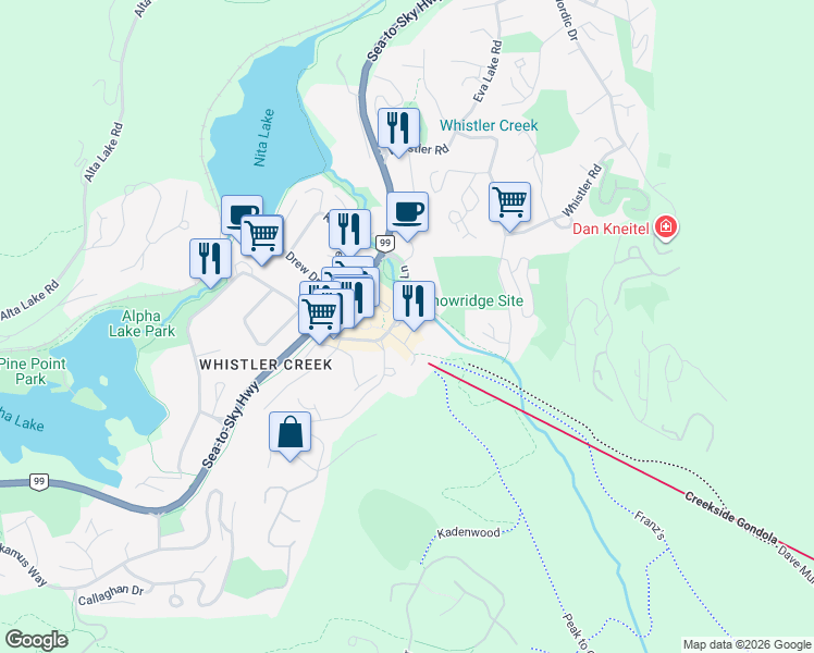 map of restaurants, bars, coffee shops, grocery stores, and more near 2036 London Lane in Whistler