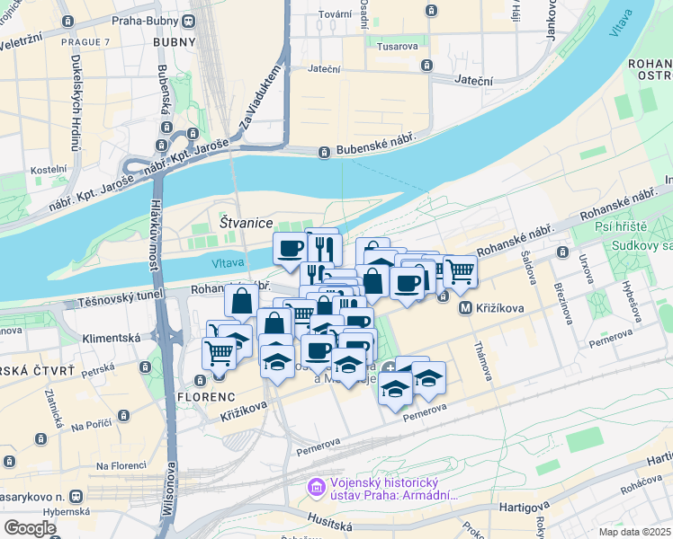 map of restaurants, bars, coffee shops, grocery stores, and more near 3 Karolinská in Hlavní město Praha