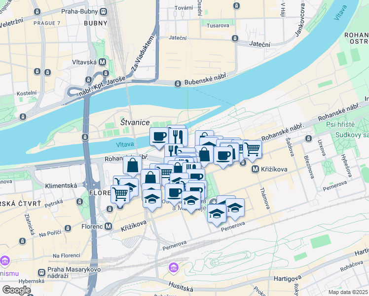 map of restaurants, bars, coffee shops, grocery stores, and more near 3 Karolinská in Hlavní město Praha
